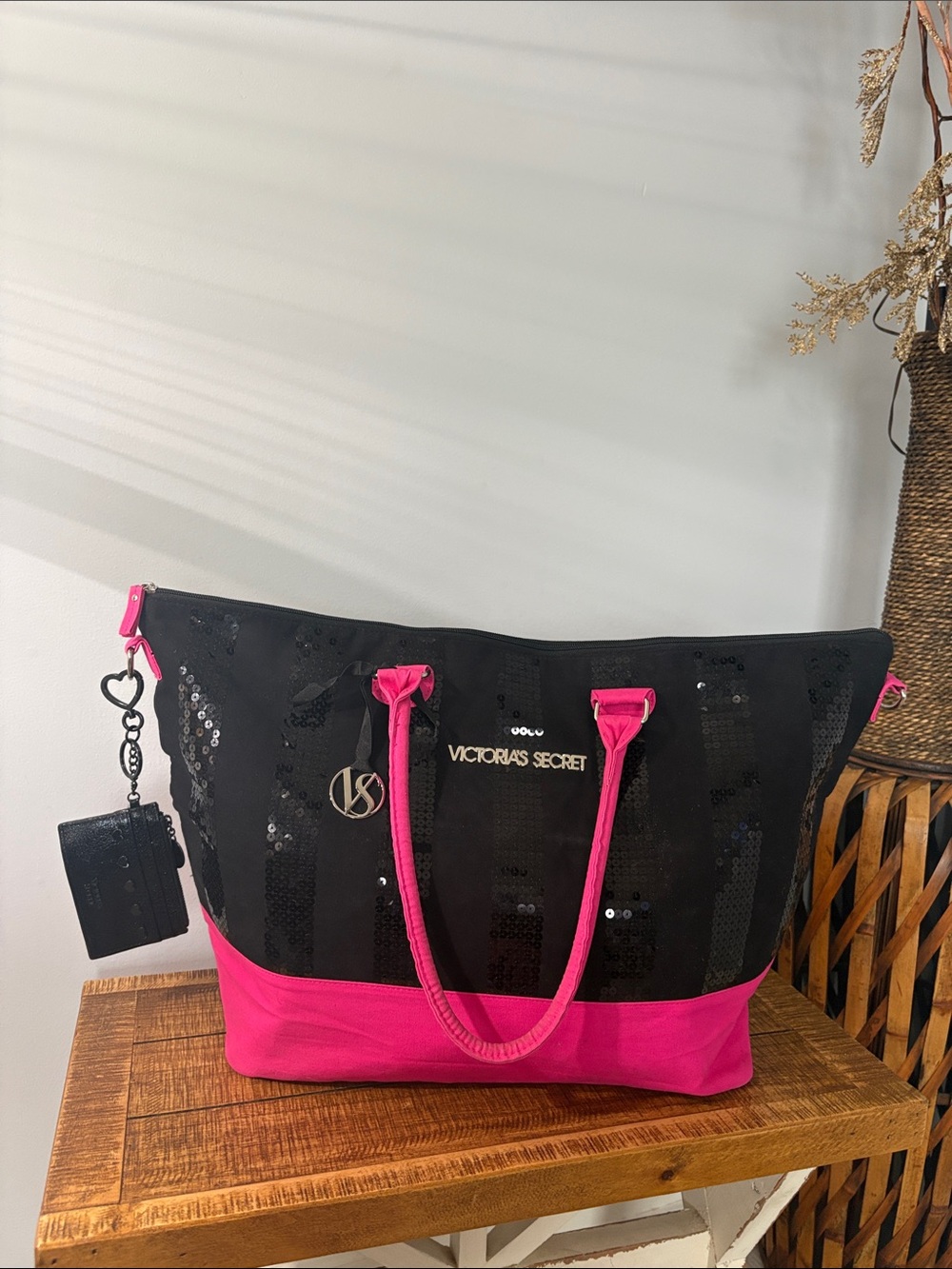 Victoria's Secret Black and Hot Pink Sequin Tote with Matching Pouch